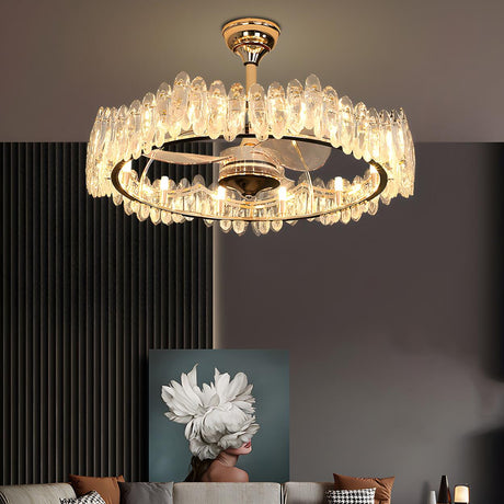 Luxury Ring Retractable Blade Crystal Ceiling Fan Light Image - 4