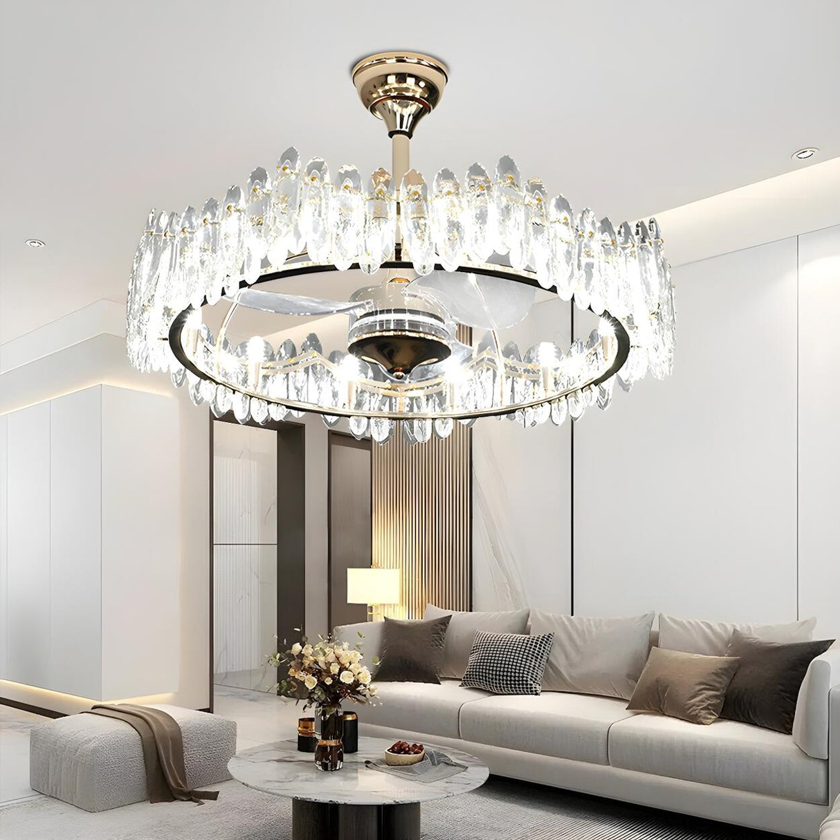 Luxury Ring Retractable Blade Crystal Ceiling Fan Light Image - 6