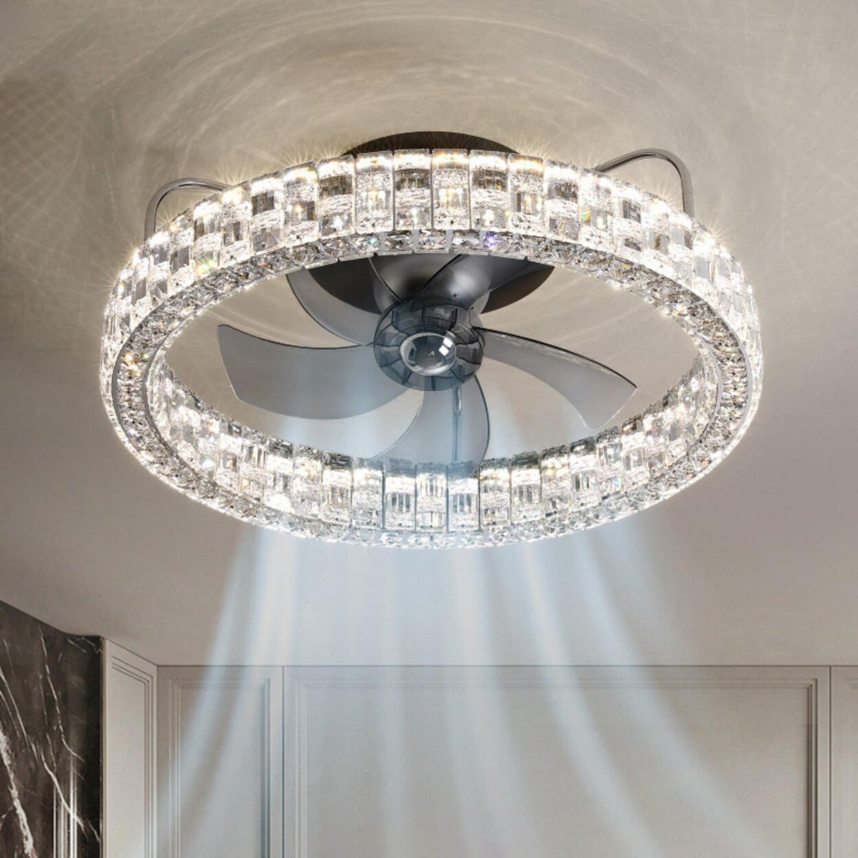 Luxury Round Crystal 5 Blade Ceiling Fan with Light Image - 3