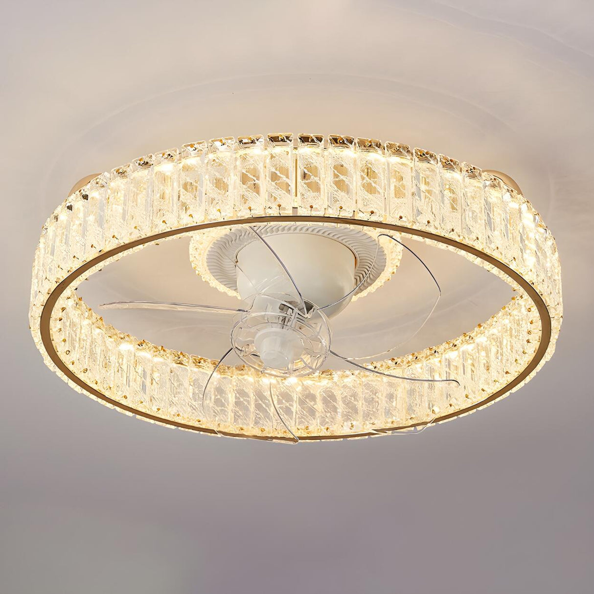 Luxury Round Crystal Trim Flush Ceiling Fan with Light Image - 10