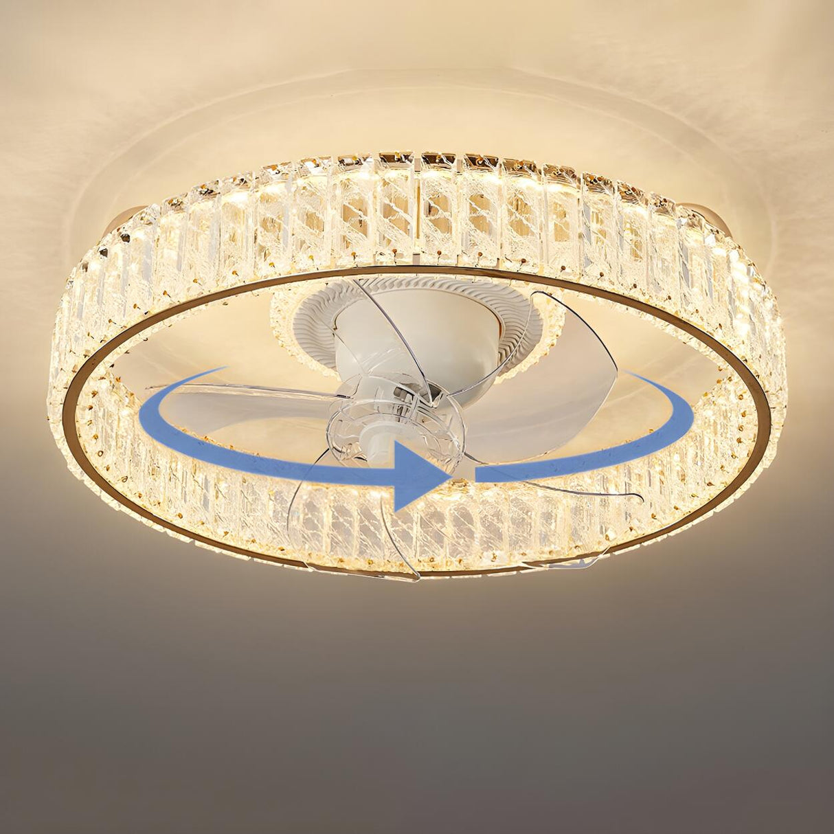 Luxury Round Crystal Trim Flush Ceiling Fan with Light Image - 8