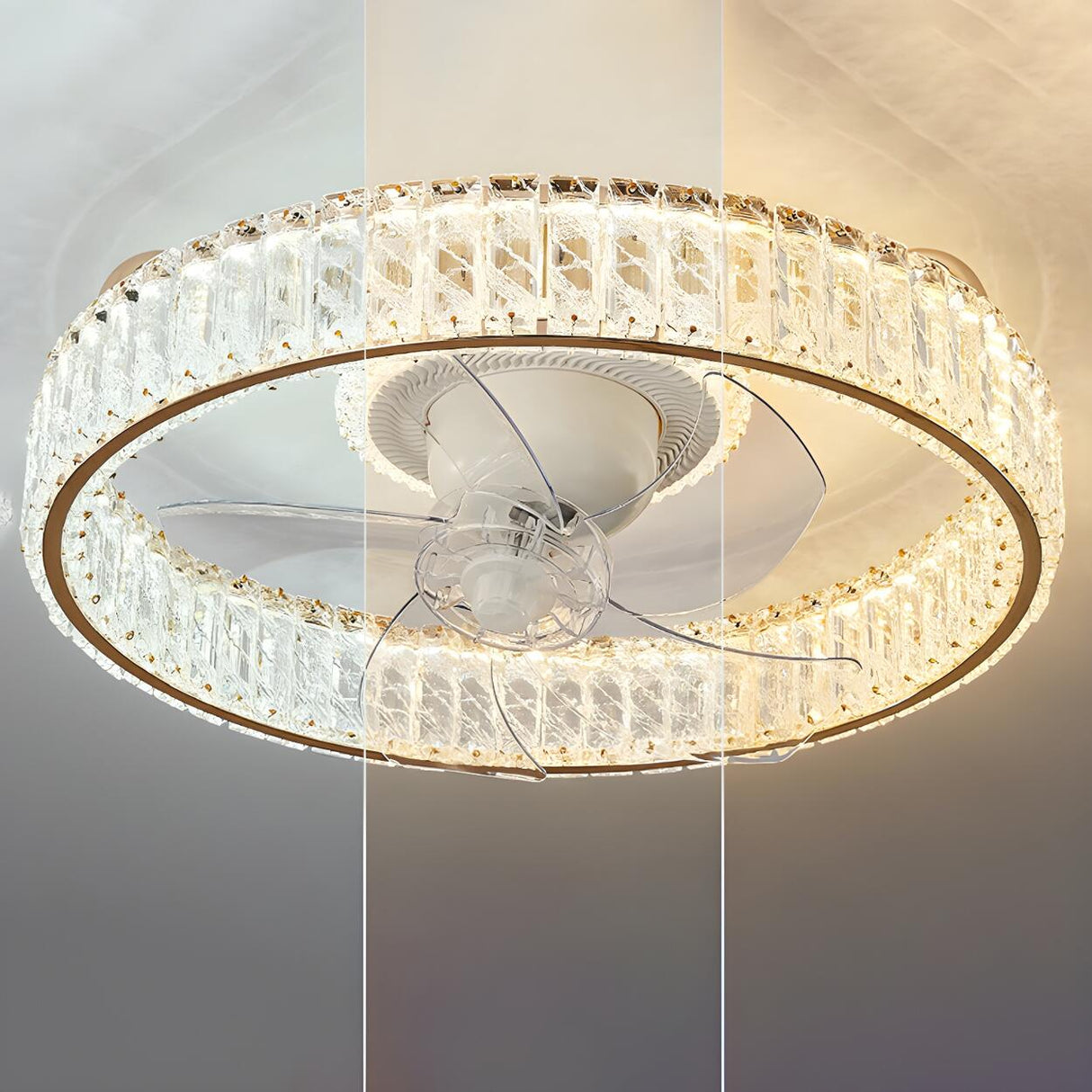 Luxury Round Crystal Trim Flush Ceiling Fan with Light Image - 9