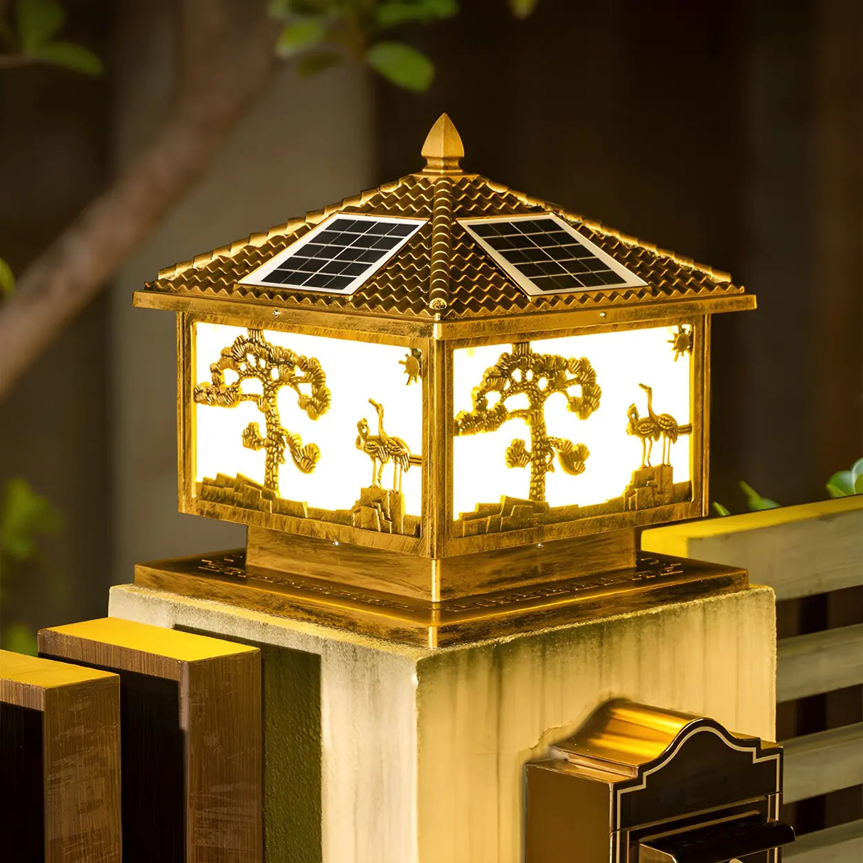 Luxury Solar Pattern Post Lantern Outdoor Lamp Bronze Image - 1