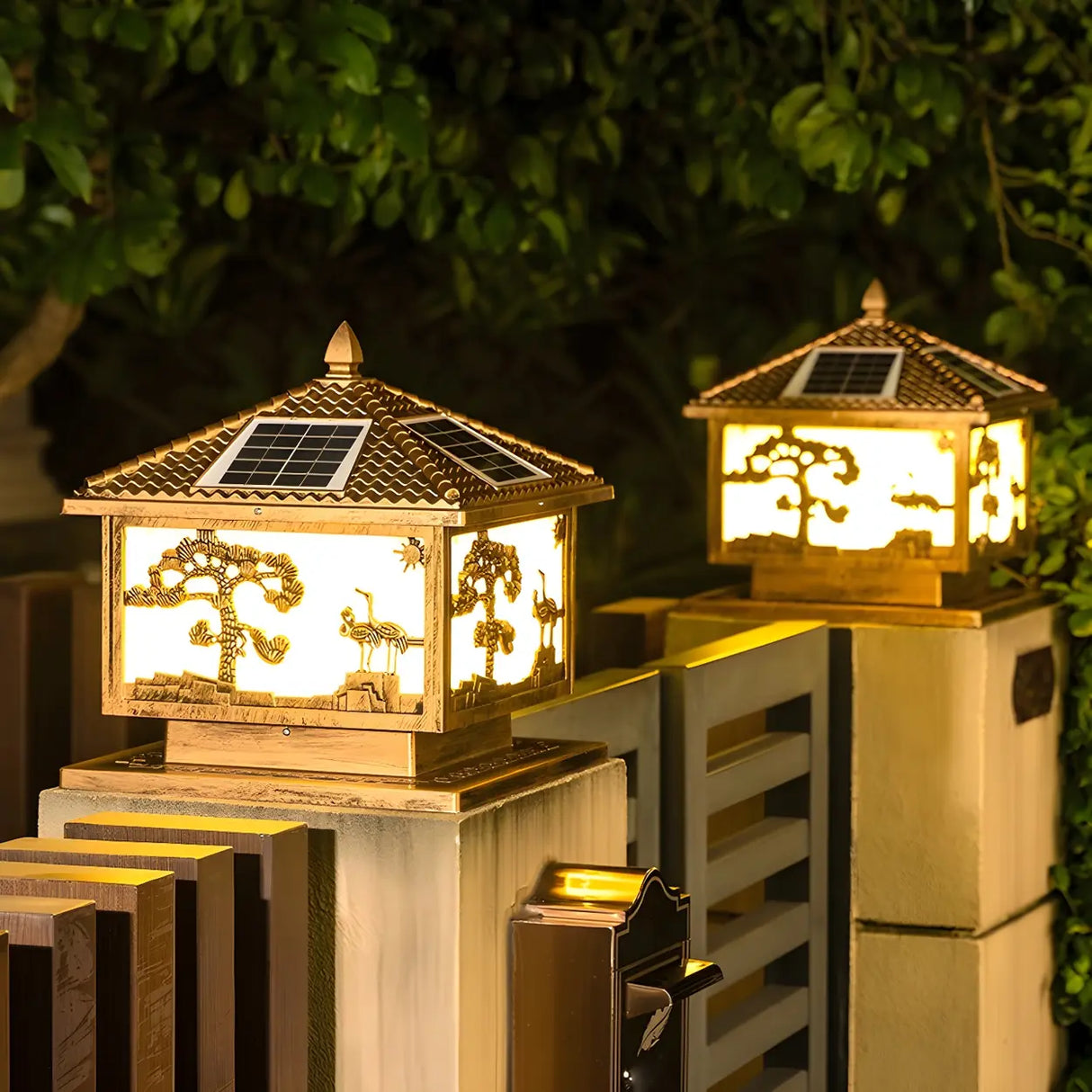 Luxury Solar Pattern Post Lantern Outdoor Lamp Bronze Image - 6