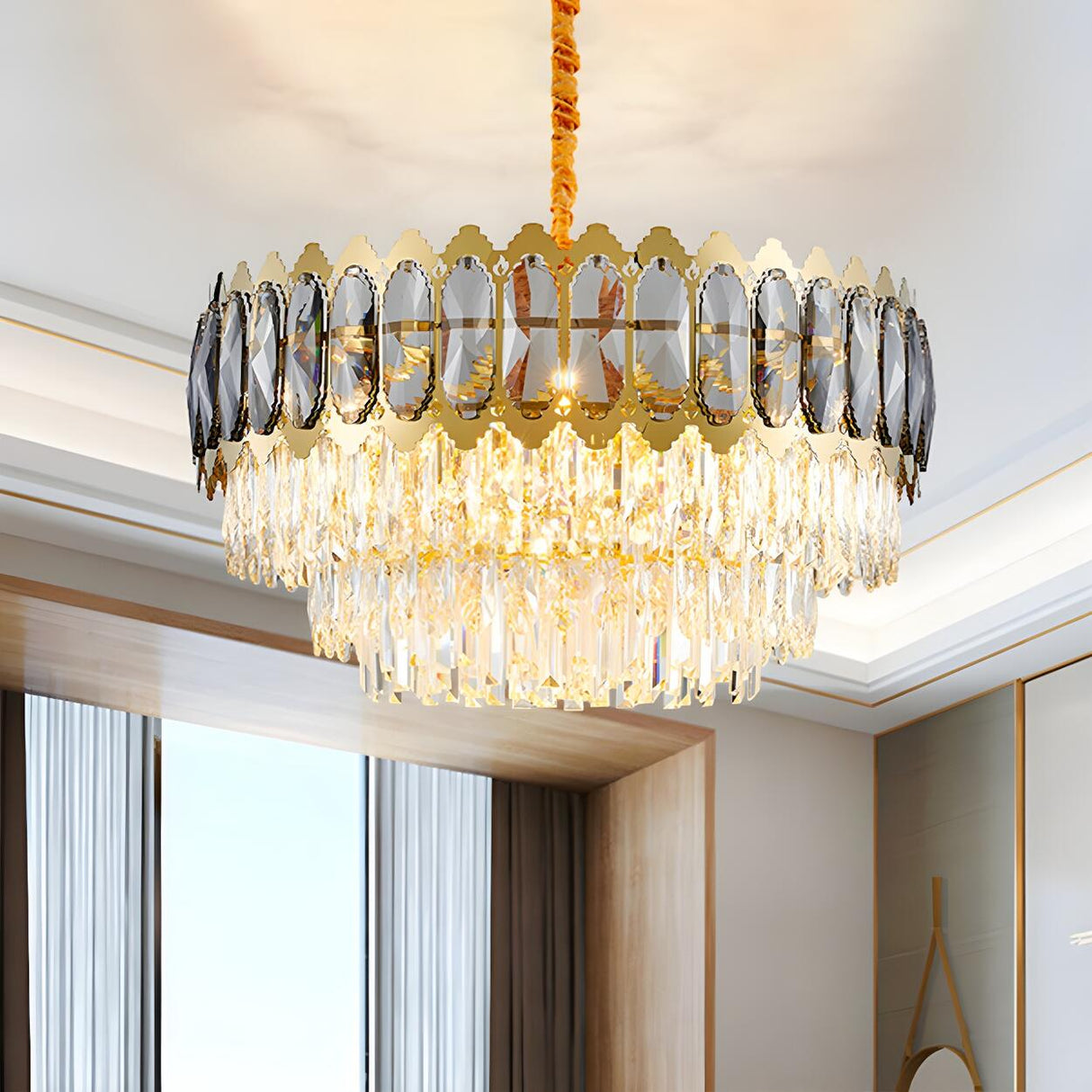 Luxury Tiered Clear Prisms Gold Crystal Drum Chandelier Image - 1