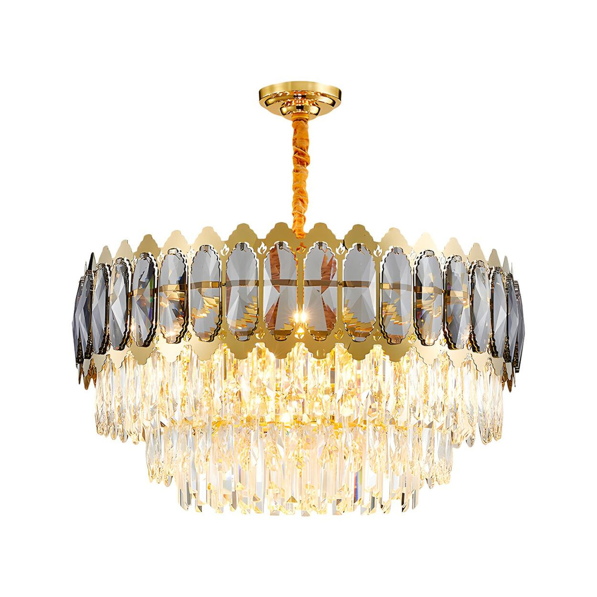 Luxury Tiered Clear Prisms Gold Crystal Drum Chandelier Image - 3