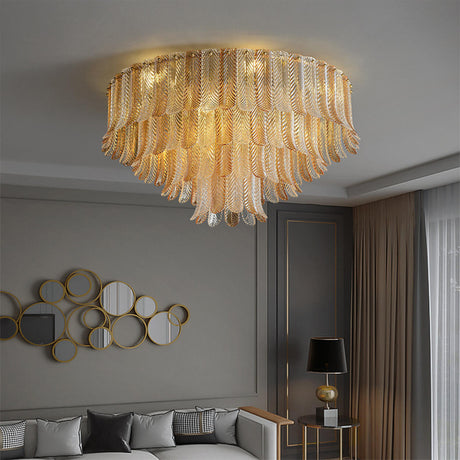 Luxury Tiered Feather Amber Flush Mount Lamp Living Room Image - 1