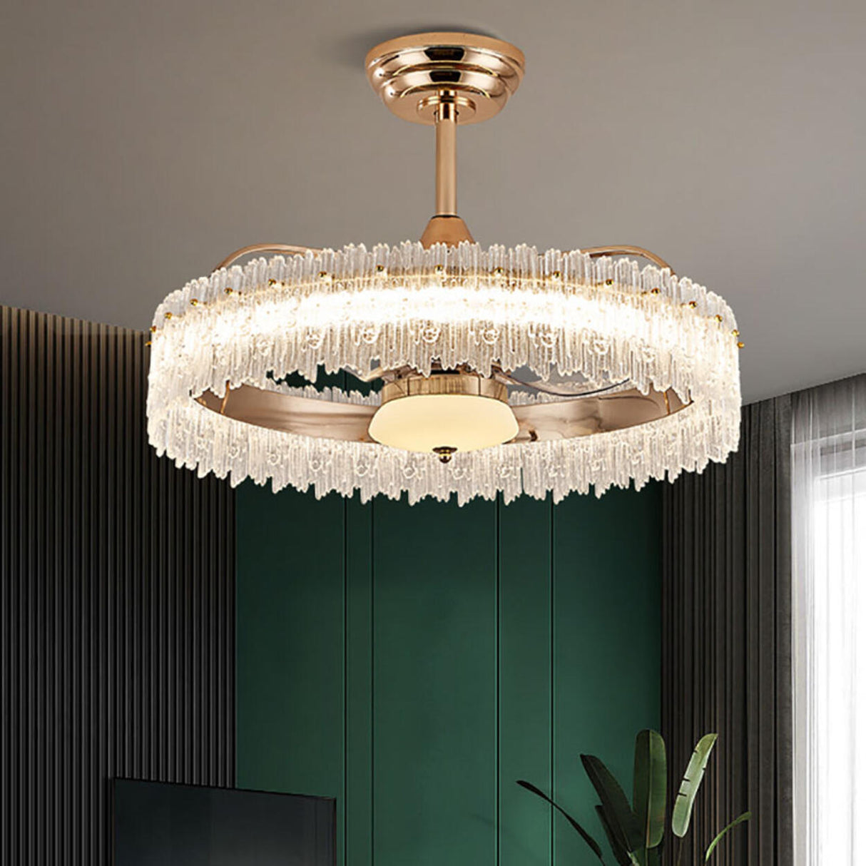 Luxury Tricolor LED Ring Crystal Chandelier Fan Light Image - 1