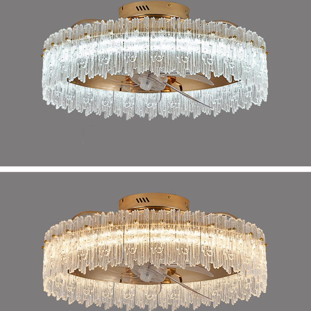 Luxury Tricolor LED Ring Crystal Chandelier Fan Light Image - 17