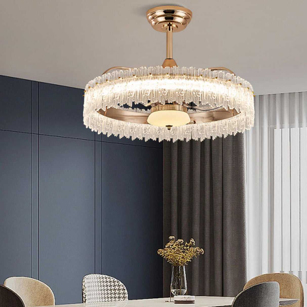 Luxury Tricolor LED Ring Crystal Chandelier Fan Light Image - 18