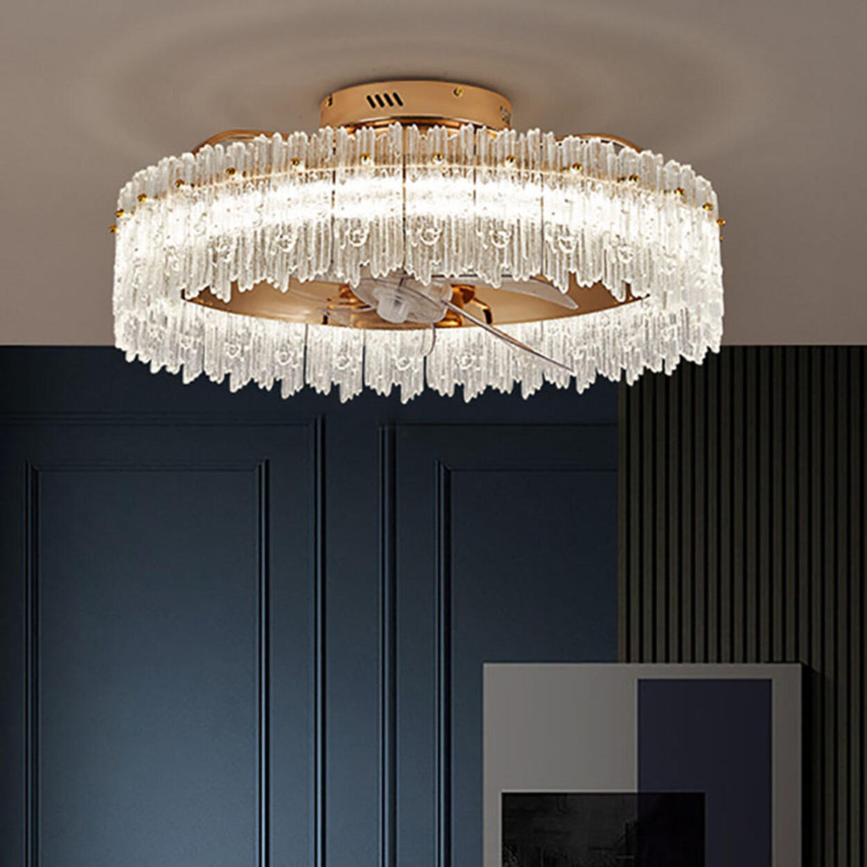 Luxury Tricolor LED Ring Crystal Chandelier Fan Light Image - 3