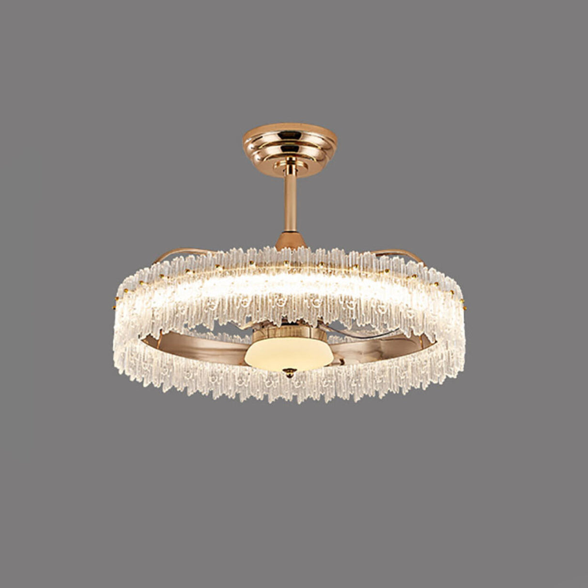 Luxury Tricolor LED Ring Crystal Chandelier Fan Light Image - 8