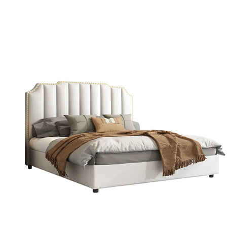 Luxury Upholstered Headboard White Queen Panel Bed Image - 2