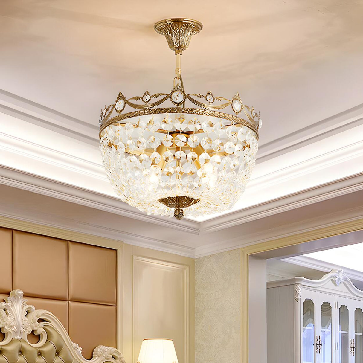 Luxury Vintage Crystal Gold Bowl Ceiling Chandelier Bedroom Image - 1