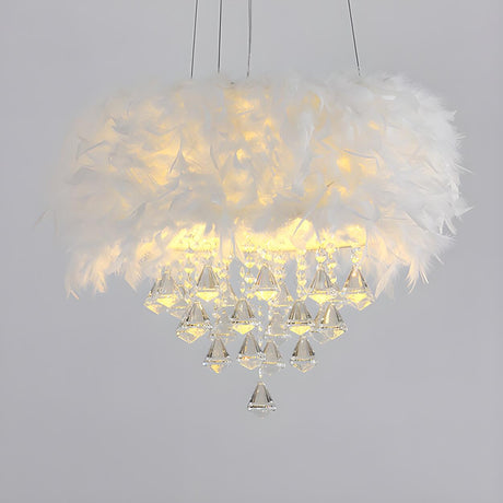 Luxury White Feather and Crystal Drum Pendant Light Image - 1