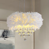 Luxury White Feather and Crystal Drum Pendant Light Image - 2