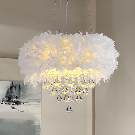 Luxury White Feather and Crystal Drum Pendant Light Image - 2