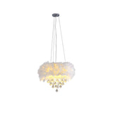 Luxury White Feather and Crystal Drum Pendant Light Image - 3