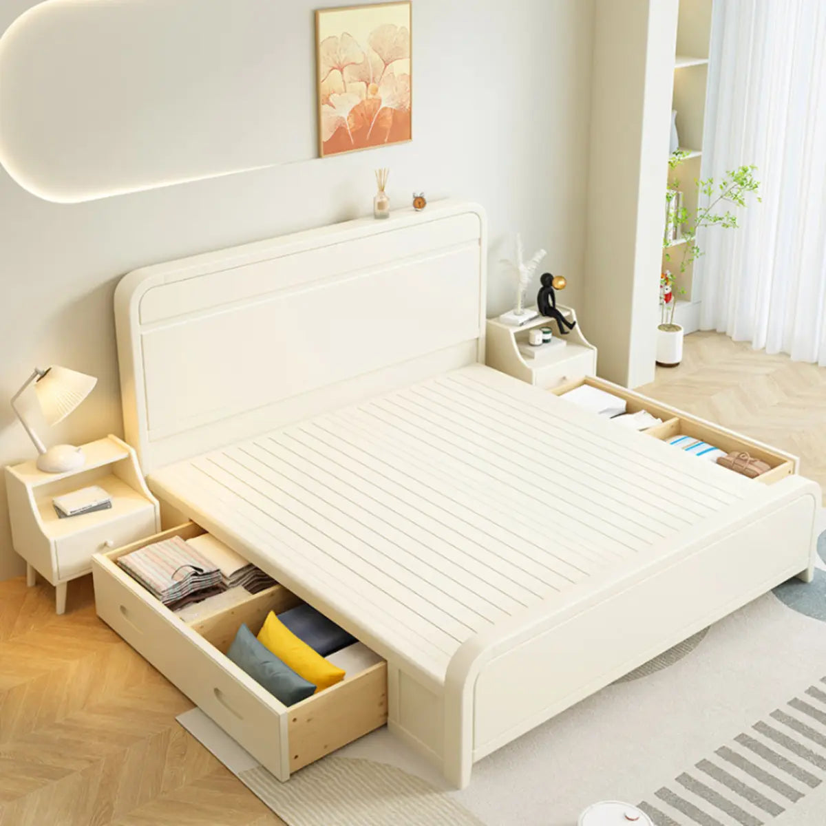 MDF White Queen Storage Panel Bed with Headboard and Drawers Image - 4