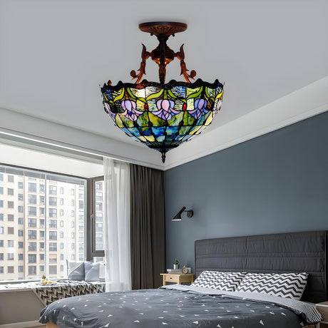 Mediterranean Bedroom Bowl Glass Semi-Flush Mount Light Image - 1