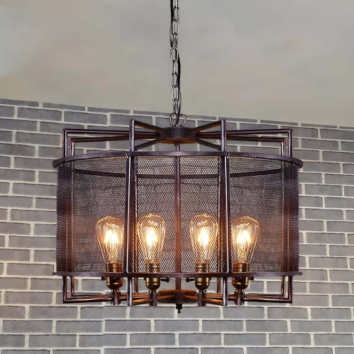 Mesh Drum Metal Rust Medium Edison Bulb Chandelier Image - 1