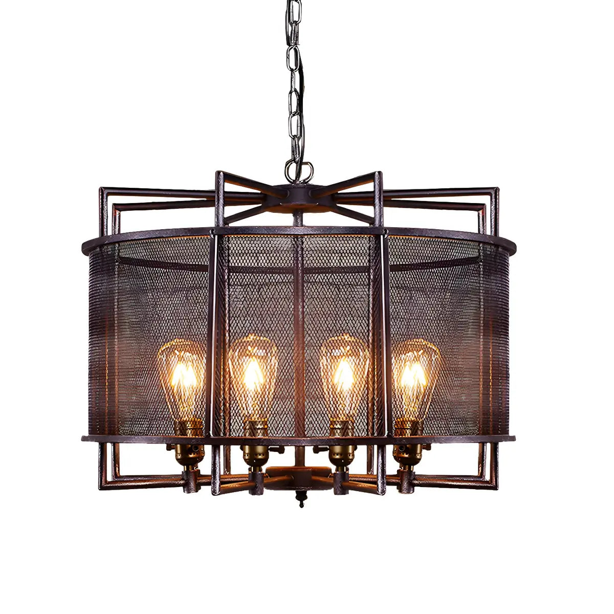 Mesh Drum Metal Rust Medium Edison Bulb Chandelier Image - 4