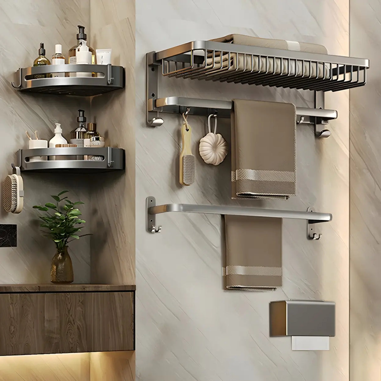 Metal Grey Wall-Mounted Bathroom Storage Hardware Set Image - 19