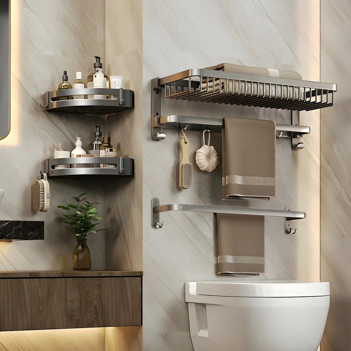 Metal Grey Wall-Mounted Bathroom Storage Hardware Set Image - 4