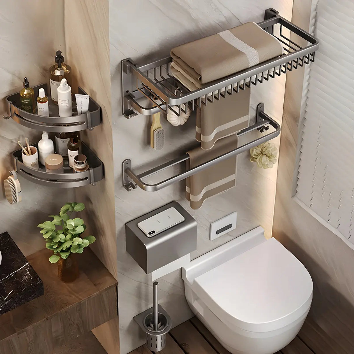 Metal Grey Wall-Mounted Bathroom Storage Hardware Set Image - 6