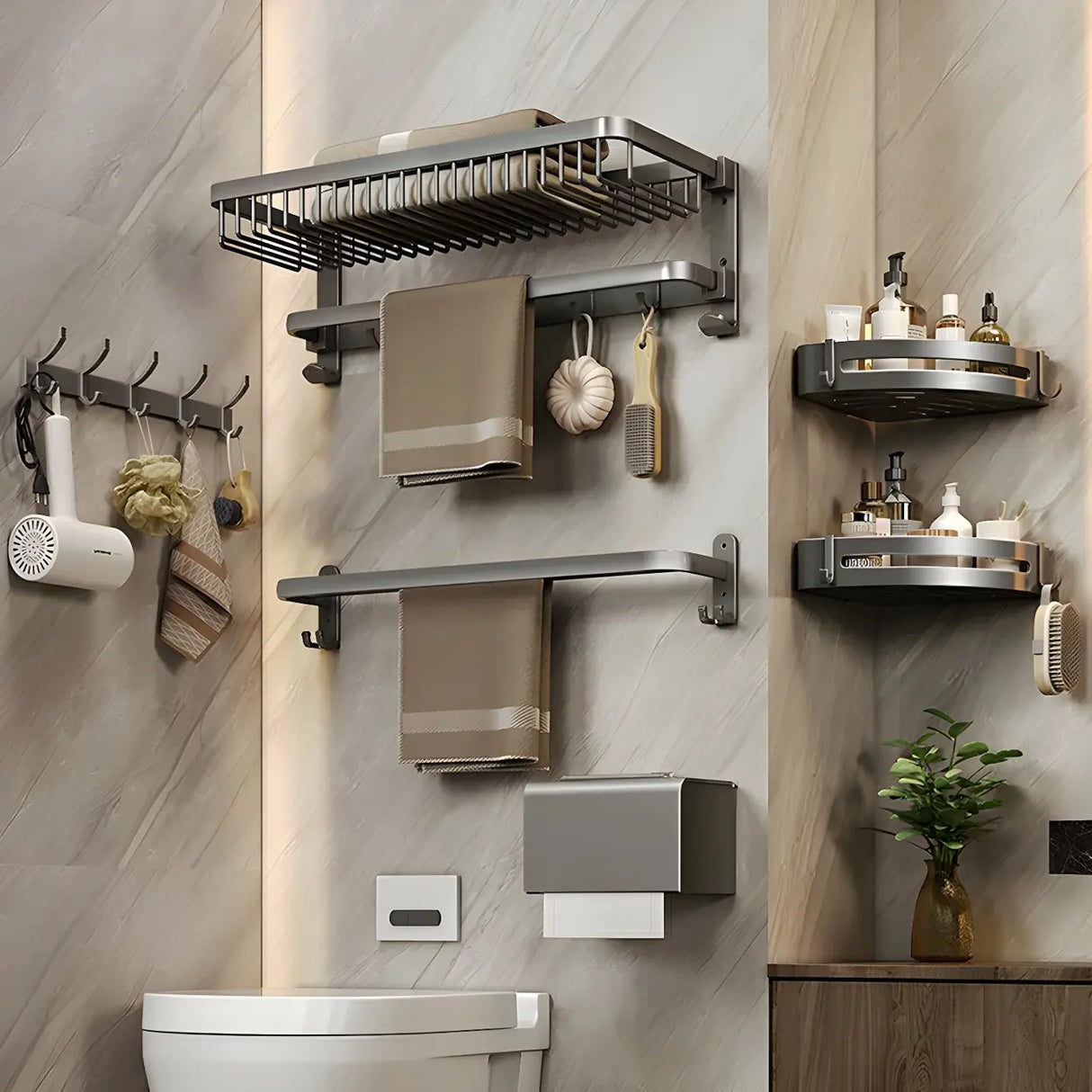 Metal Grey Wall-Mounted Bathroom Storage Hardware Set Image - 8