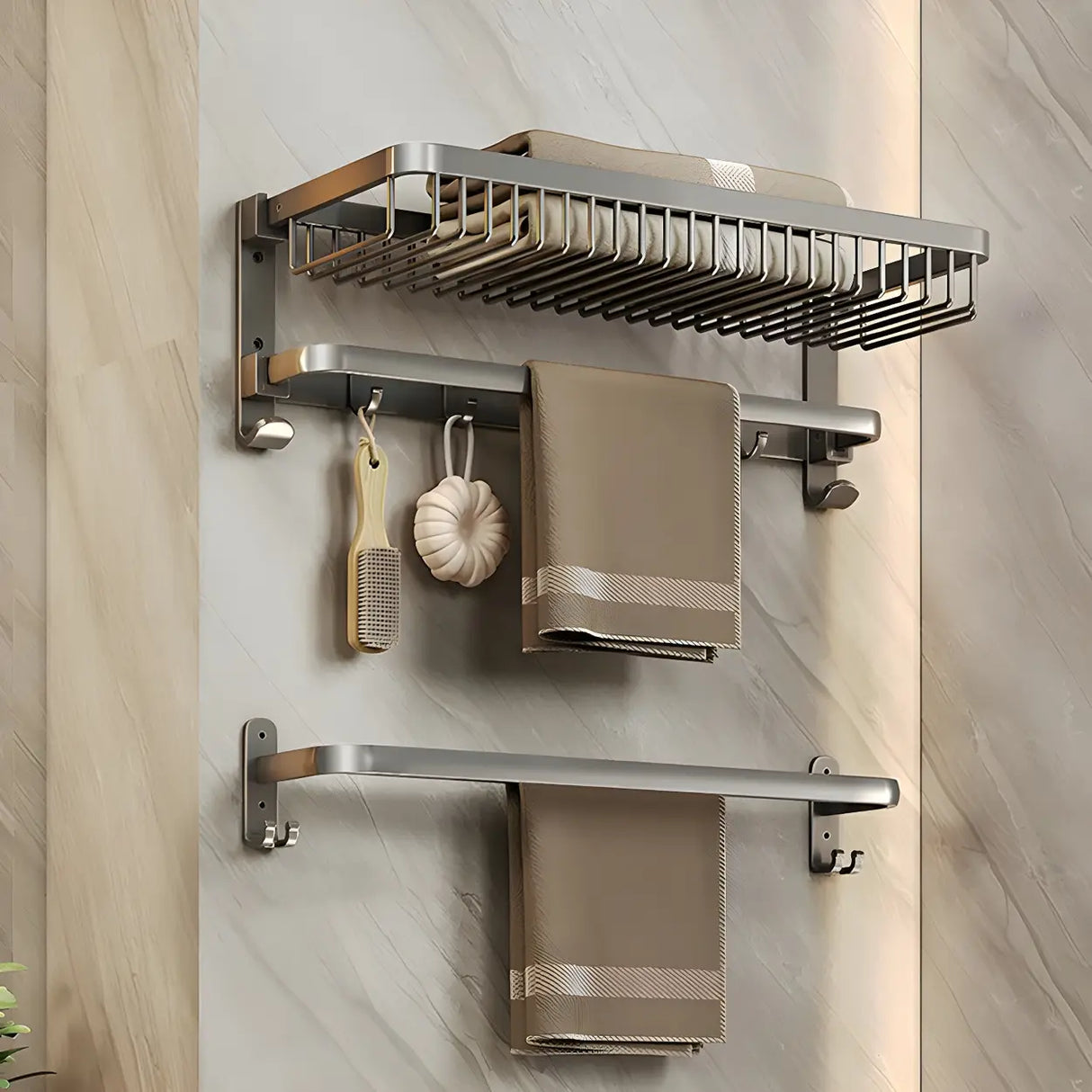 Metal Grey Wall-Mounted Bathroom Storage Hardware Set Image - 9