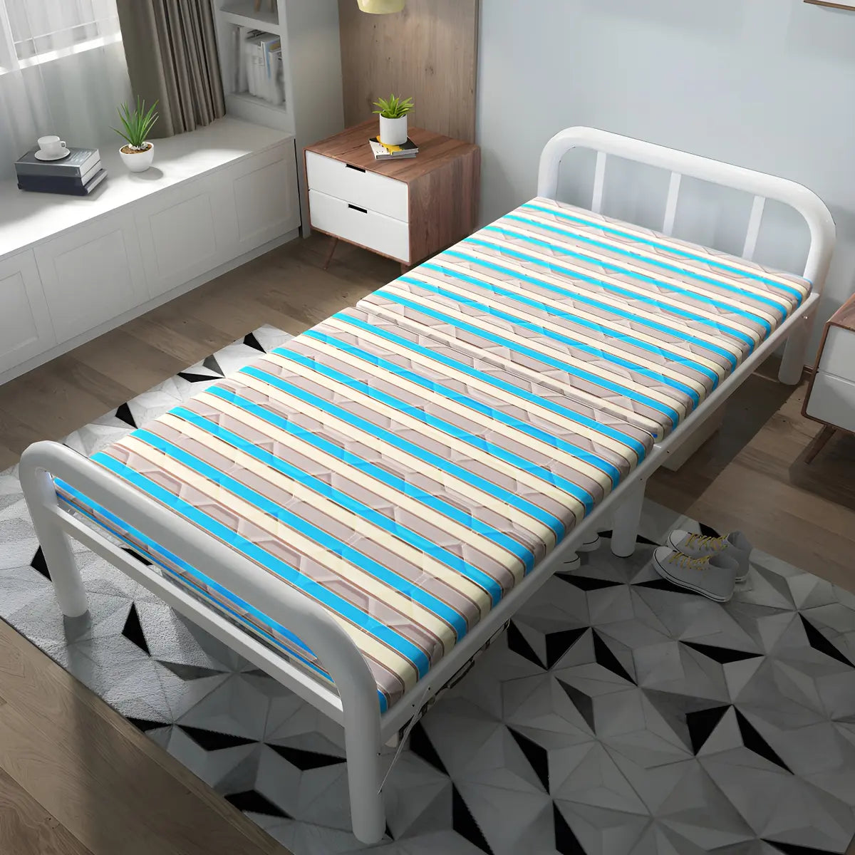 Metal White Twin Slat Bed with Headboard and Footboard Image - 3