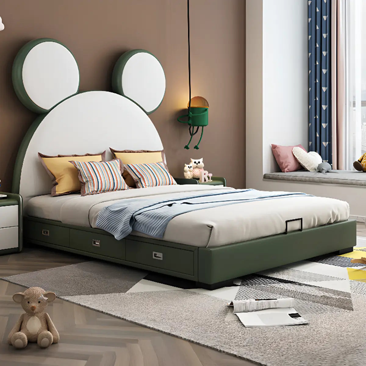 Mickey Upholstered Green Storage Panel Bed with Drawers Image - 1