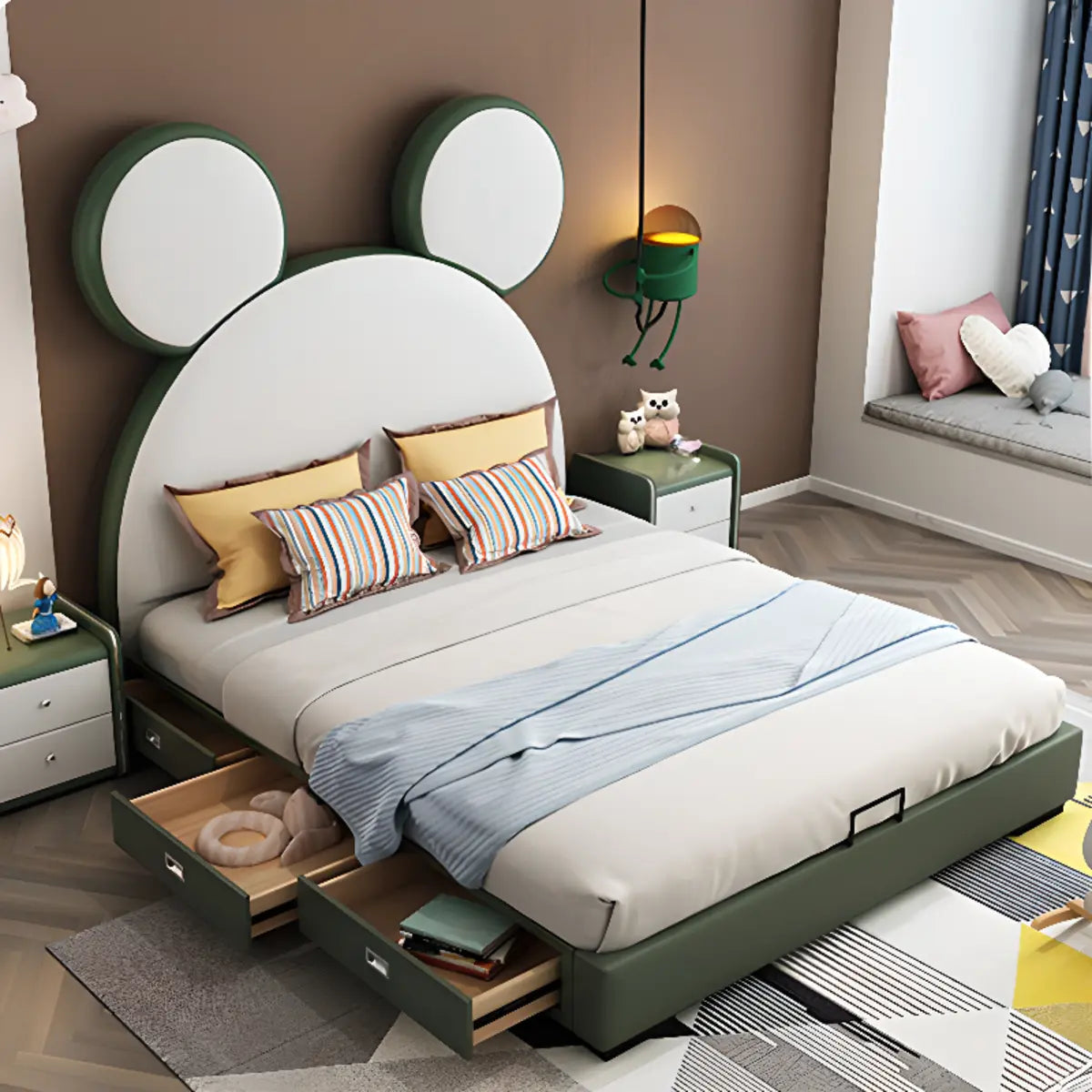 Mickey Upholstered Green Storage Panel Bed with Drawers Image - 4