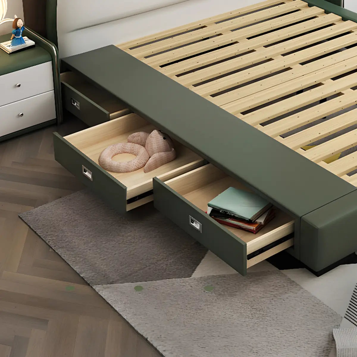 Mickey Upholstered Green Storage Panel Bed with Drawers Image - 8