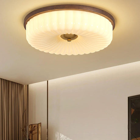 Mid-Ancient Drum Wood Glass Flush Mount Ceiling Light Image - 1