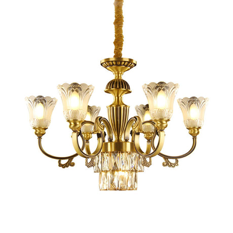 Mid-Century Brass Floral Crystal Pendant Chandelier Image - 2