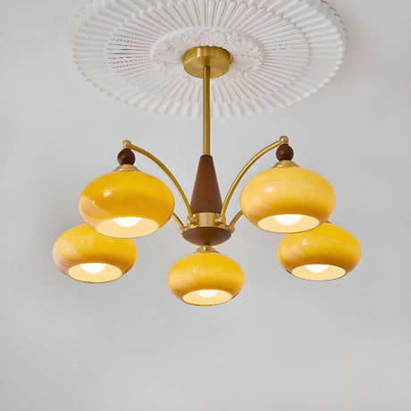 Mid-Century Brass Yellow Opal Glass Drum Chandelier  Image - 1