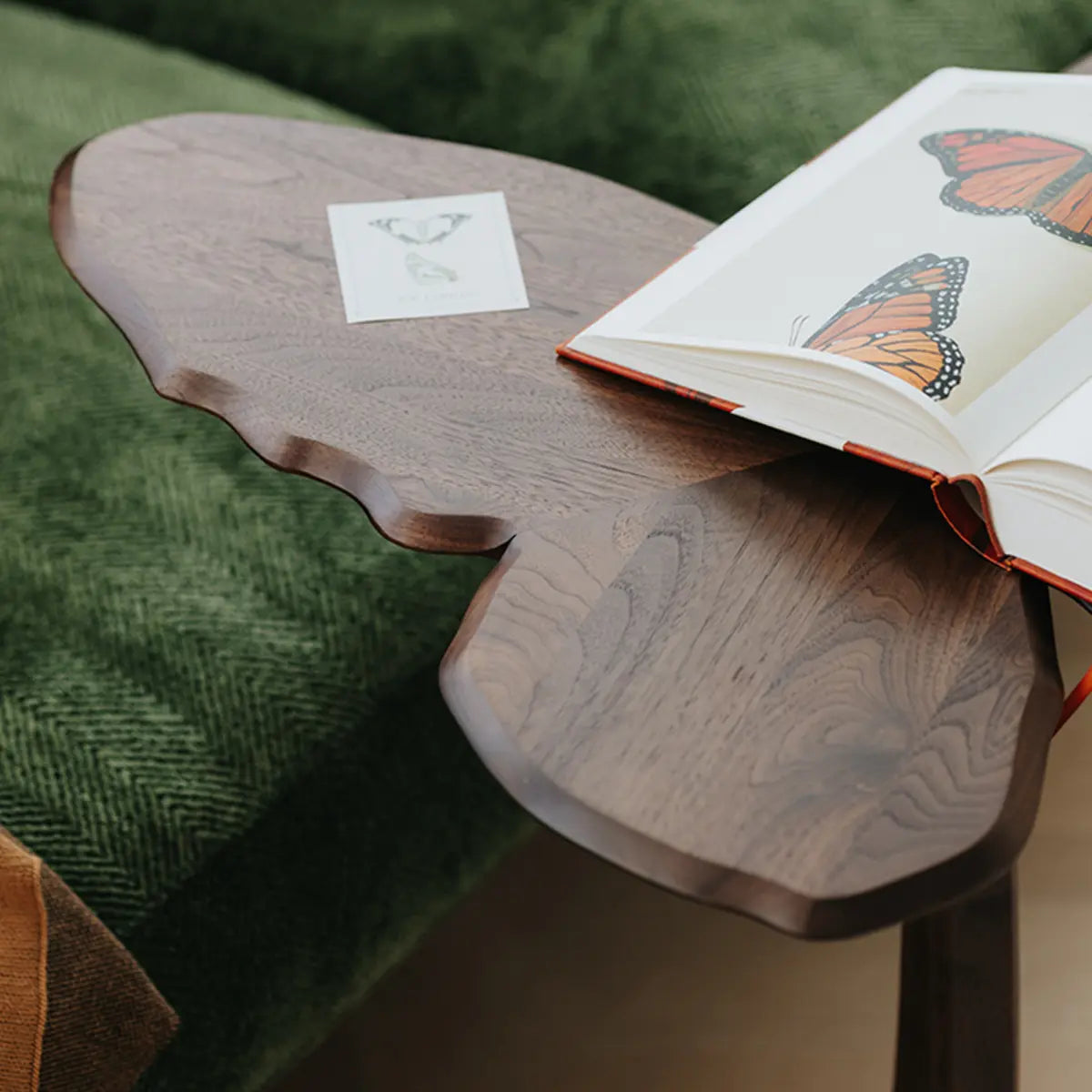 Mid Century Butterfly Brown Base Walnut Wood Side Table Image - 12