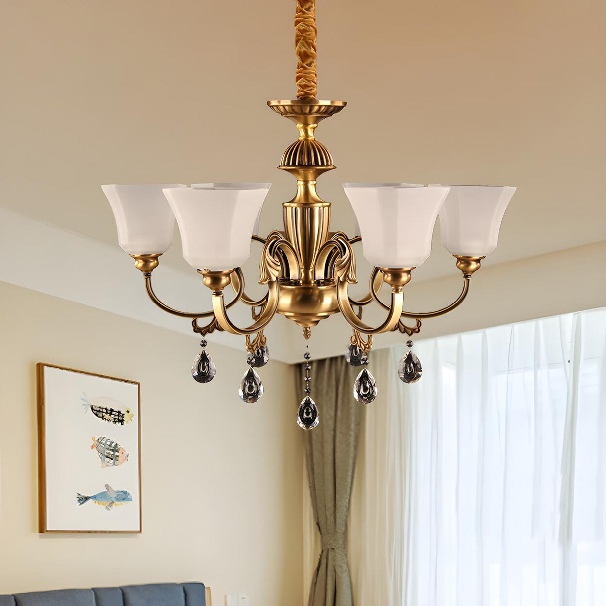 Mid-Century Classic Gold Frosted Glass Bell Chandelier Image - 1