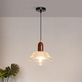 Mid Century CLear Glass Dome Wood Pendant Light  Image - 2