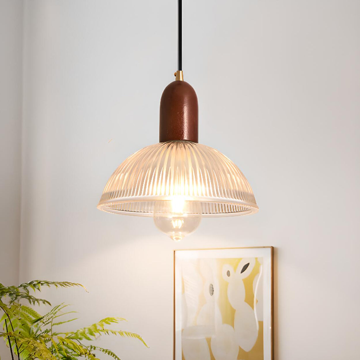 Mid Century CLear Glass Dome Wood Pendant Light  Image - 4