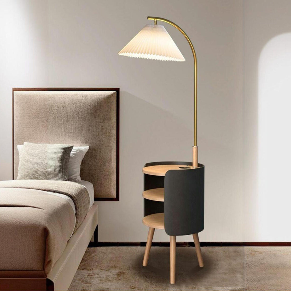 Mid-Century Cone Bedside Arc Floor Lamp with Storage Image - 14