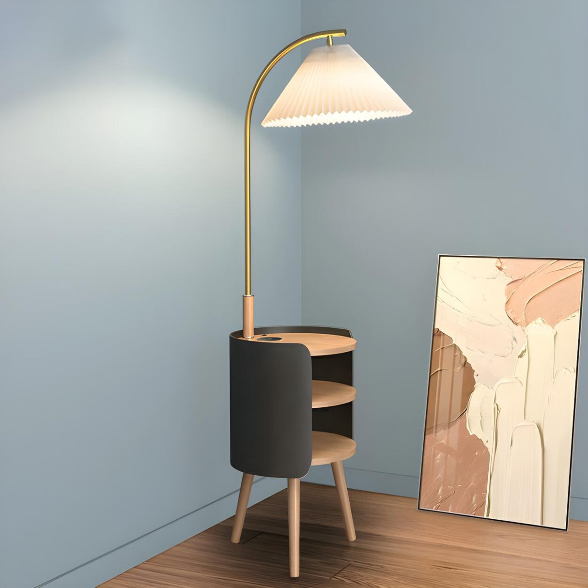 Mid-Century Cone Bedside Arc Floor Lamp with Storage Image - 3