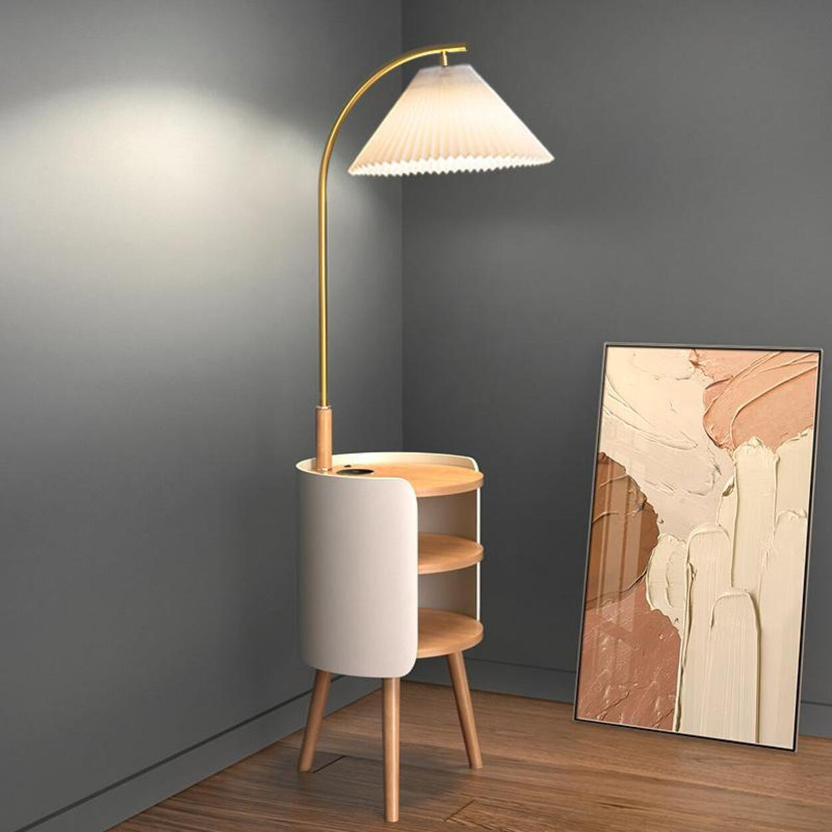 Mid-Century Cone Bedside Arc Floor Lamp with Storage Image - 5