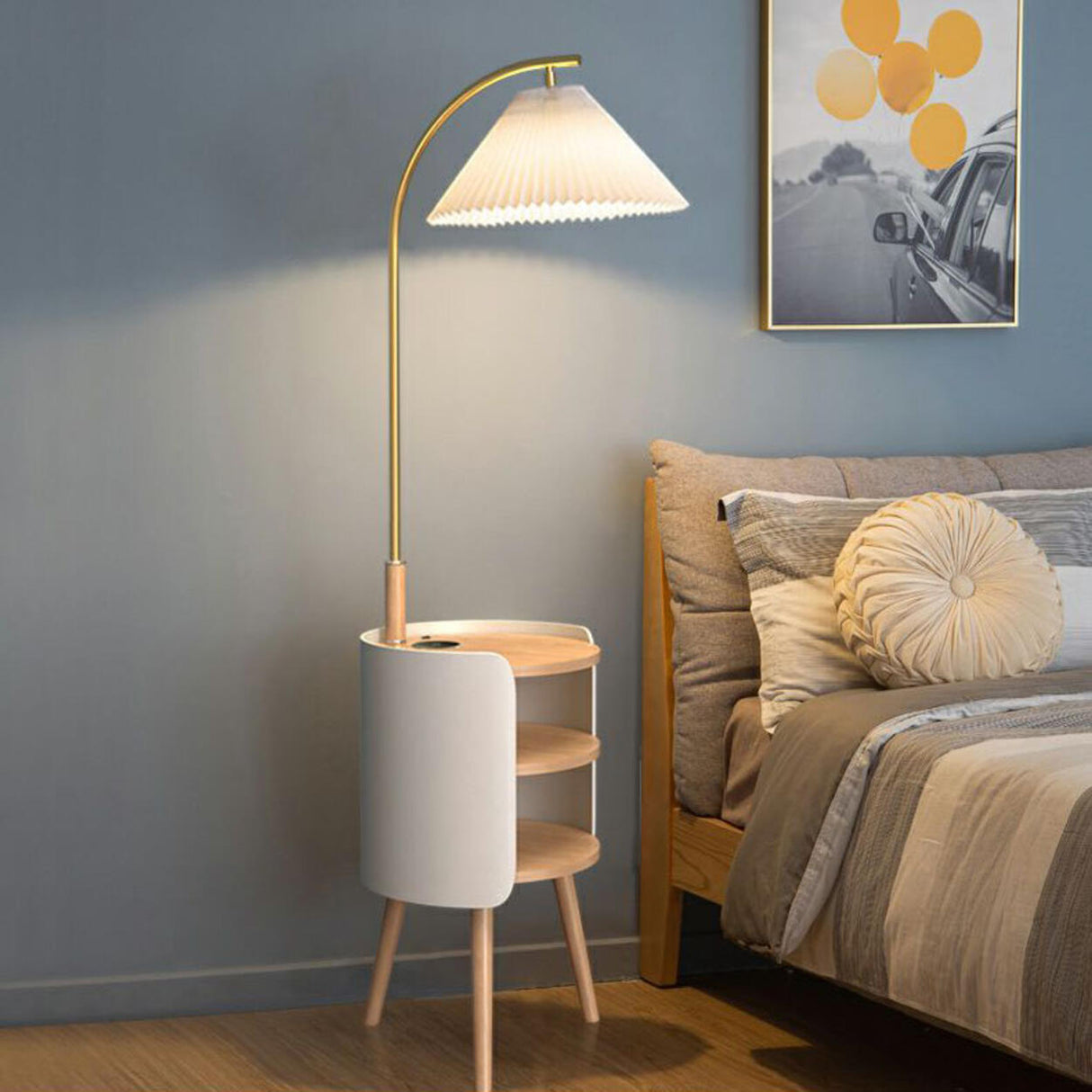 Mid-Century Cone Bedside Arc Floor Lamp with Storage Image - 6