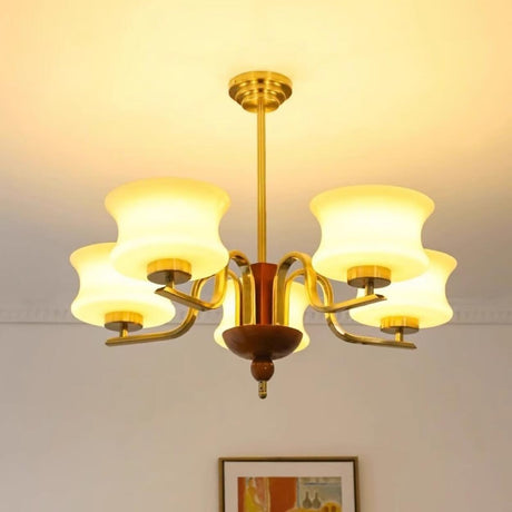 Mid-Century Glass Drum Brass Chandelier Adjustable Height Image - 1