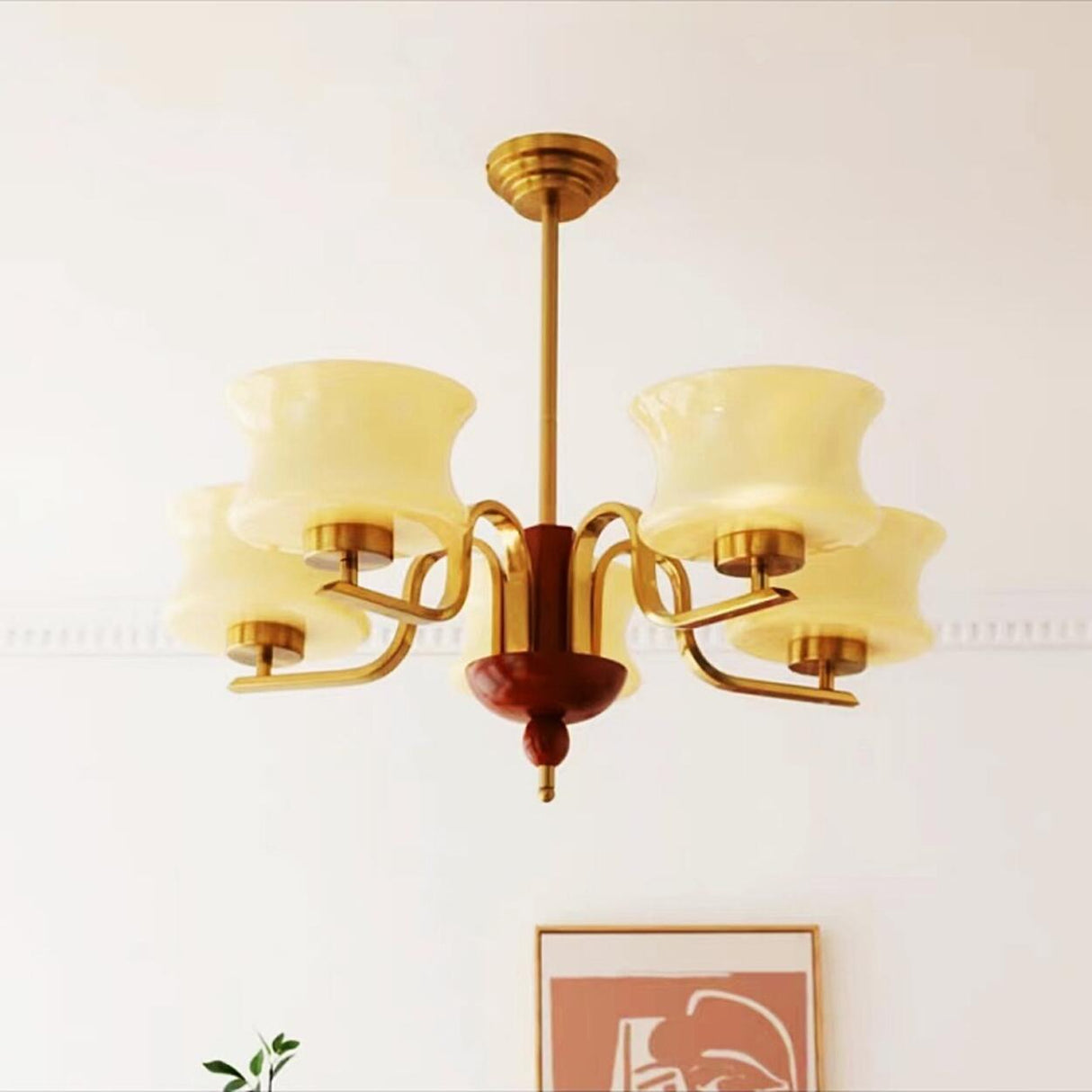 Mid-Century Glass Drum Brass Chandelier Adjustable Height Image - 13