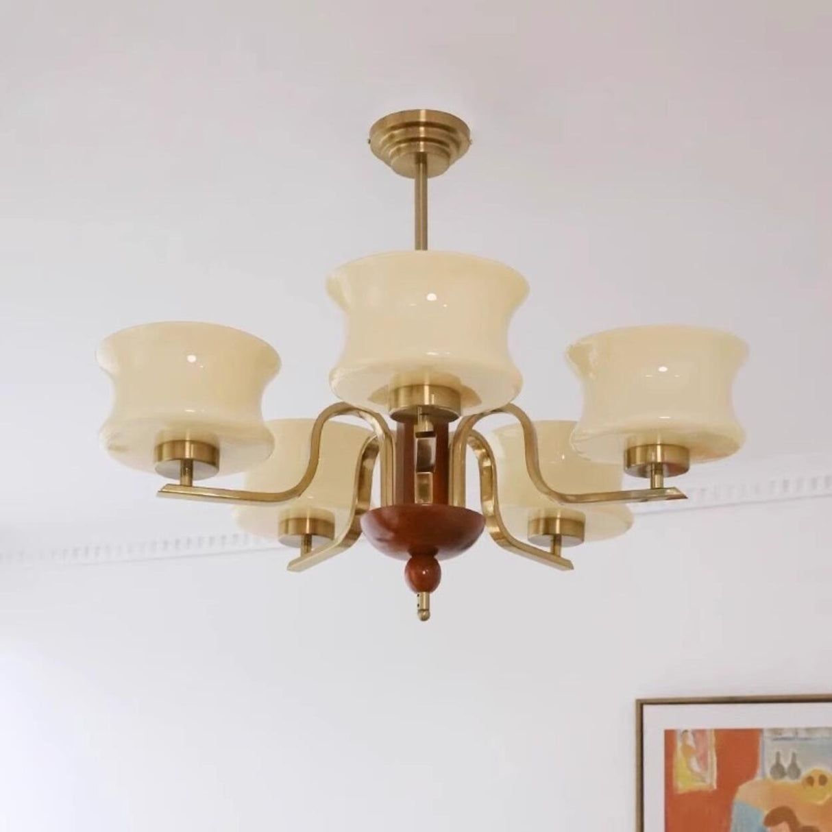 Mid-Century Glass Drum Brass Chandelier Adjustable Height Image - 2