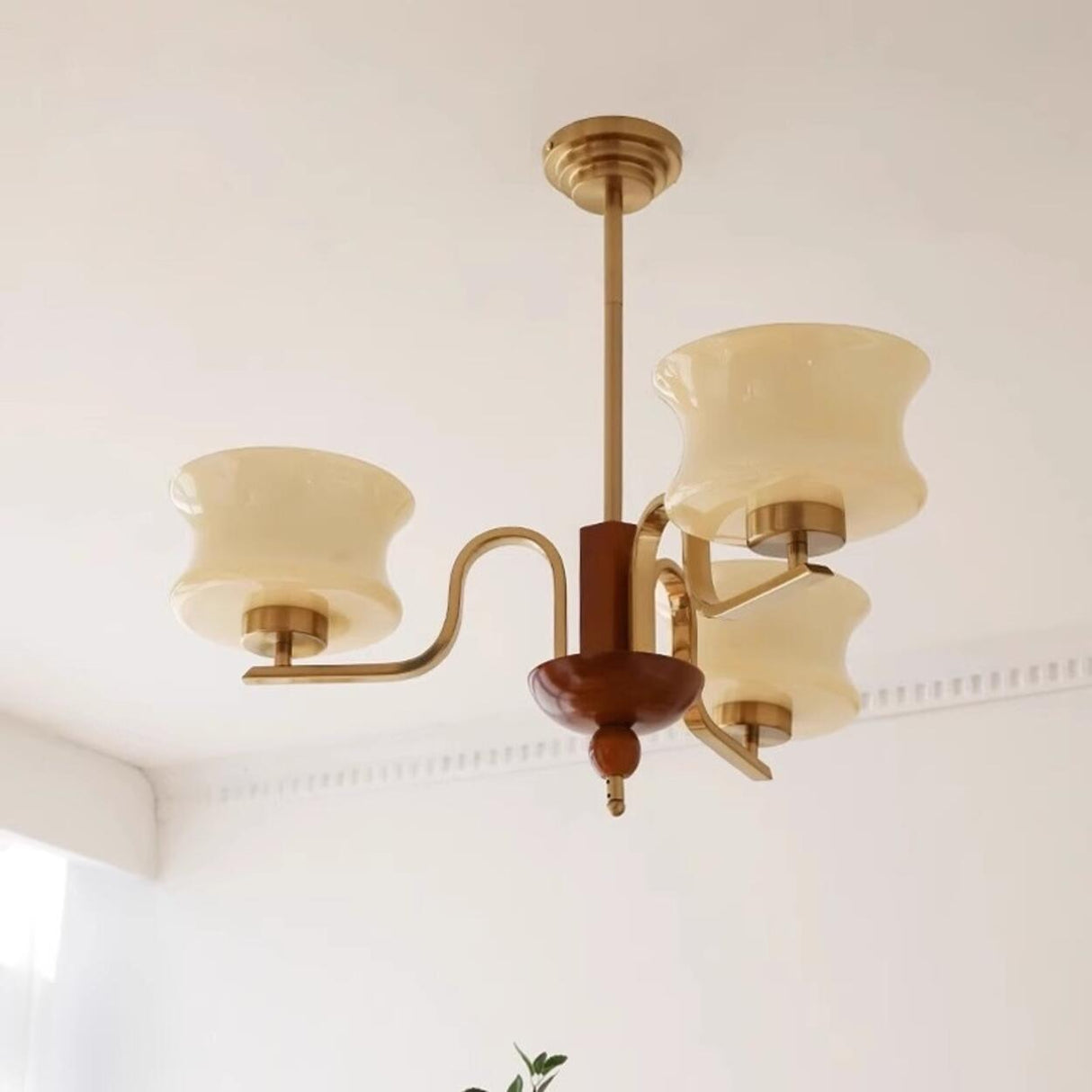 Mid-Century Glass Drum Brass Chandelier Adjustable Height Image - 3